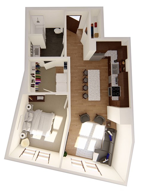 Floor plan for 1 bed, 1 bath, 834 sqft